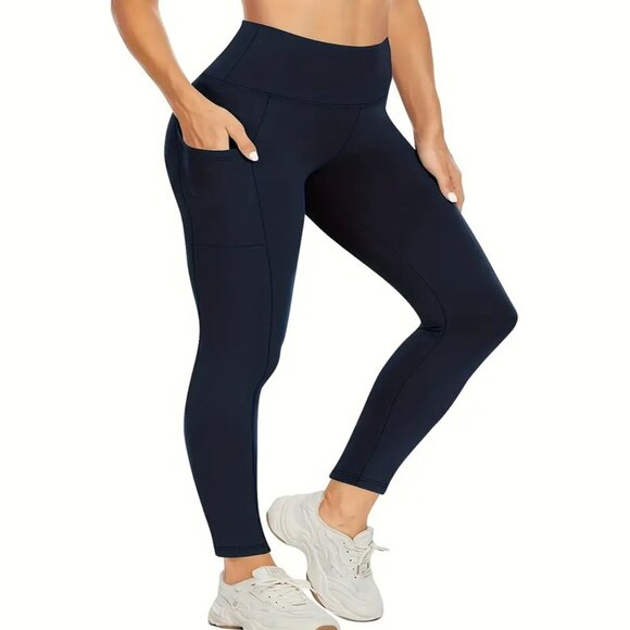Women Premium Soft High Waisted 7/8 Length Active Leggings w/Pockets Navy S & M - Picture 1 of 3
